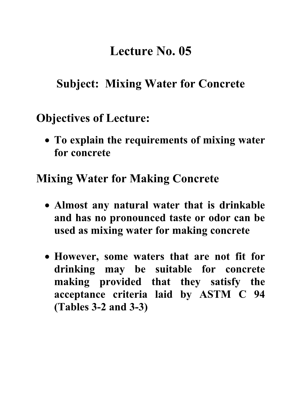 Subject: Mixing Water for Concrete