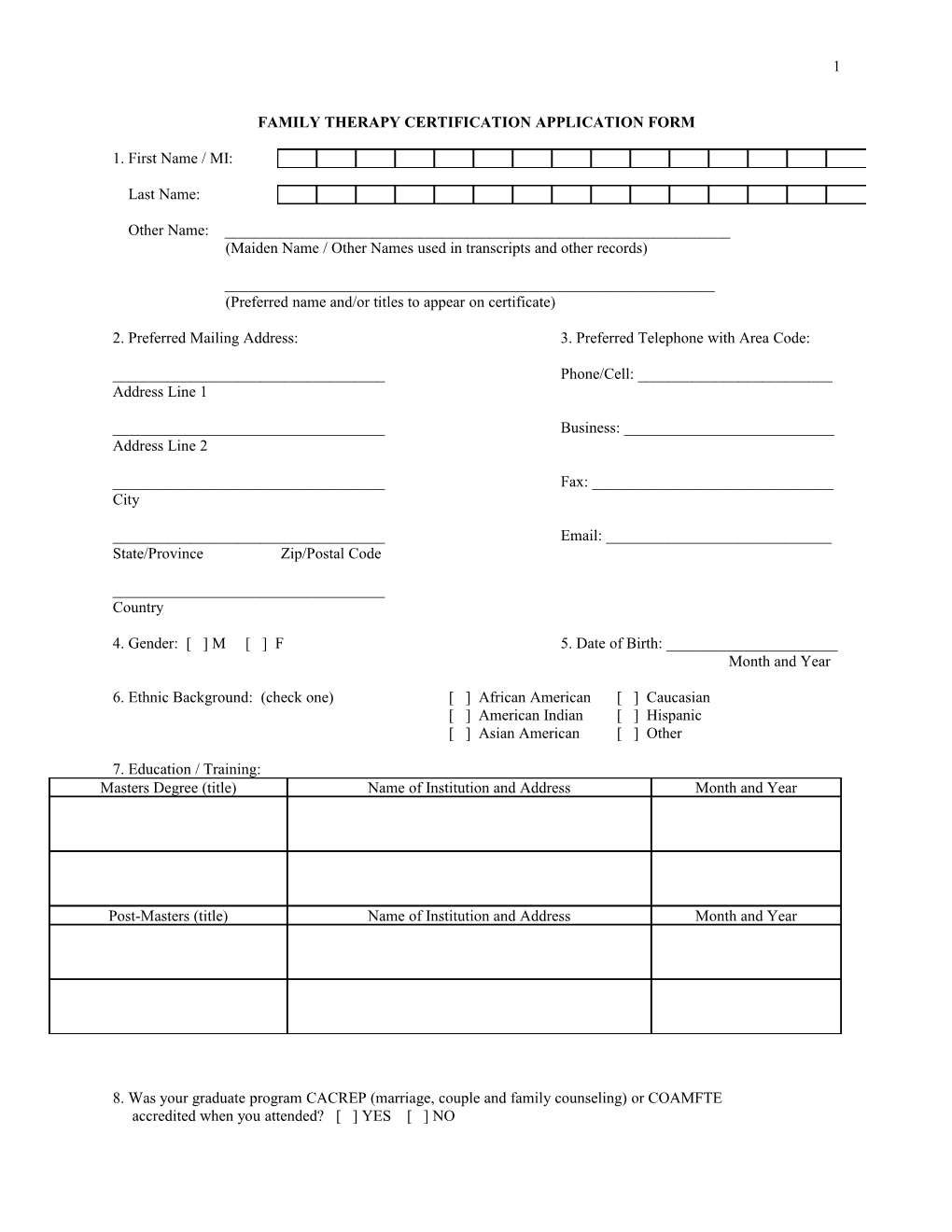 Family Therapy Certification Application Form