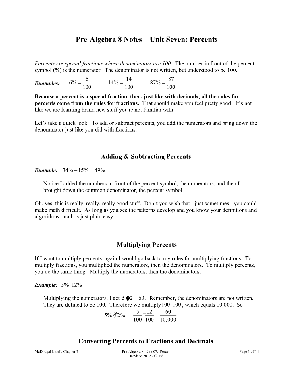 Pre-Algebra 8 Notes Unit Seven: Percents