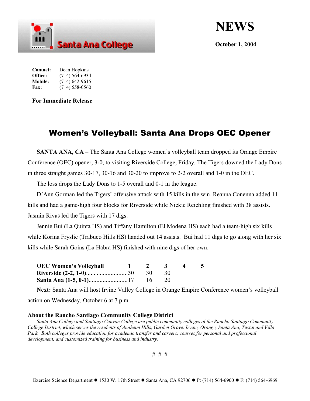 Women S Volleyball: Santa Ana Drops OEC Open