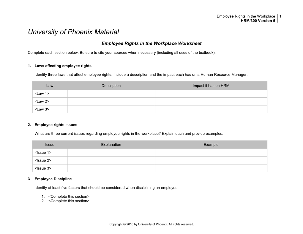 Employee Rights in the Workplace Worksheet