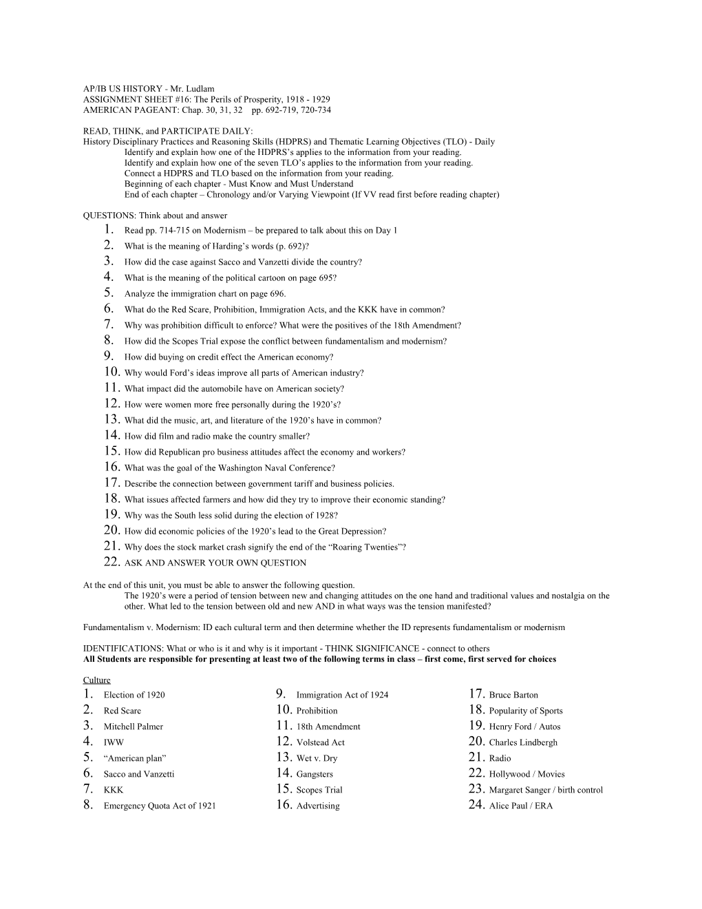 ASSIGNMENT SHEET #16: the Perils of Prosperity, 1918 - 1929