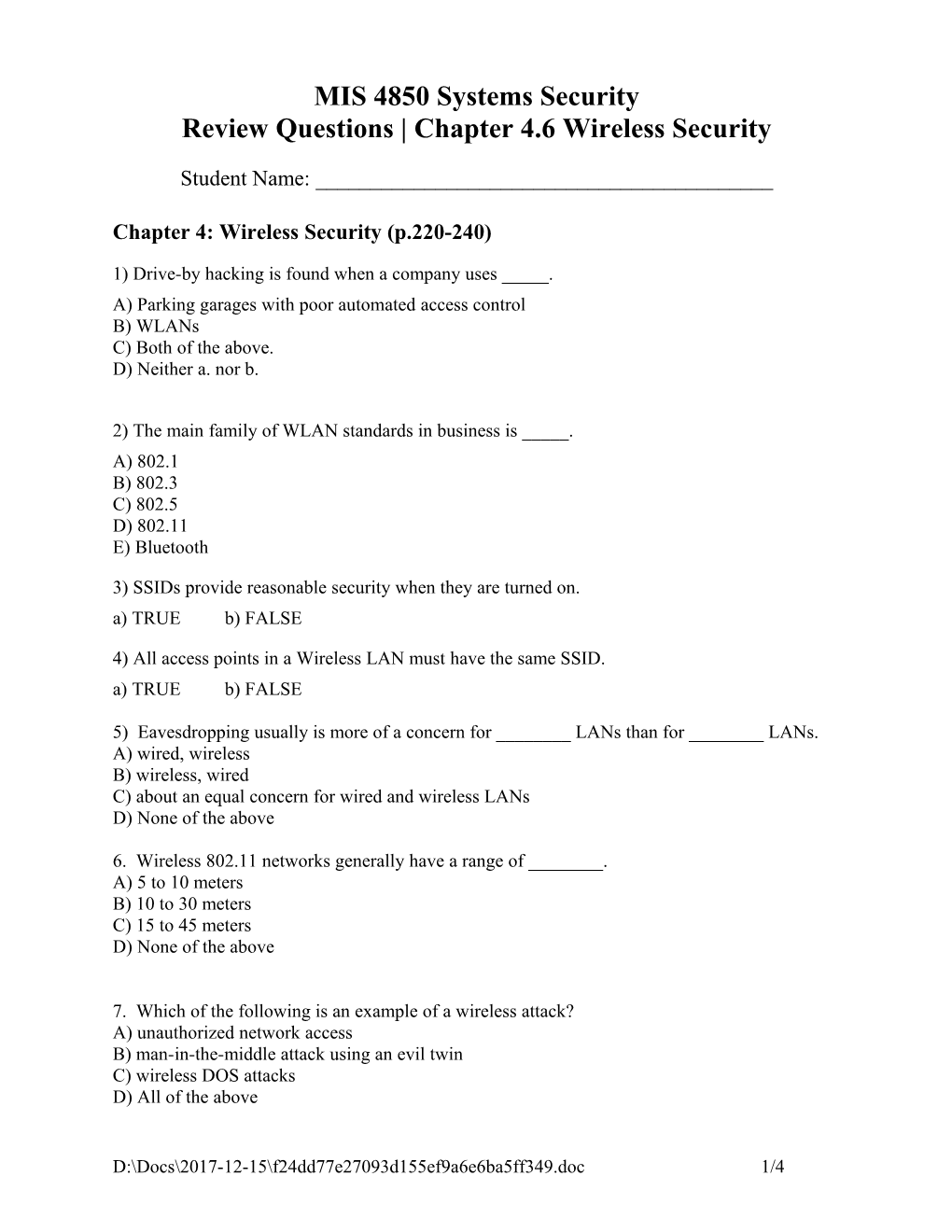 Review Questions Chapter 4.6 Wireless Security