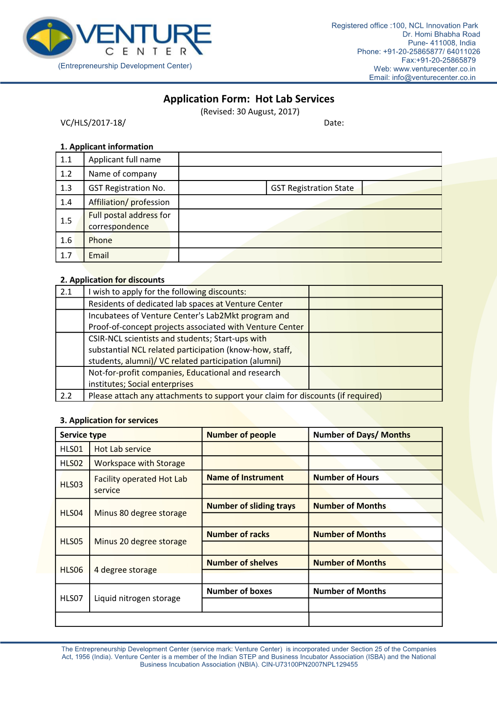 Application Form: Hot Lab Services