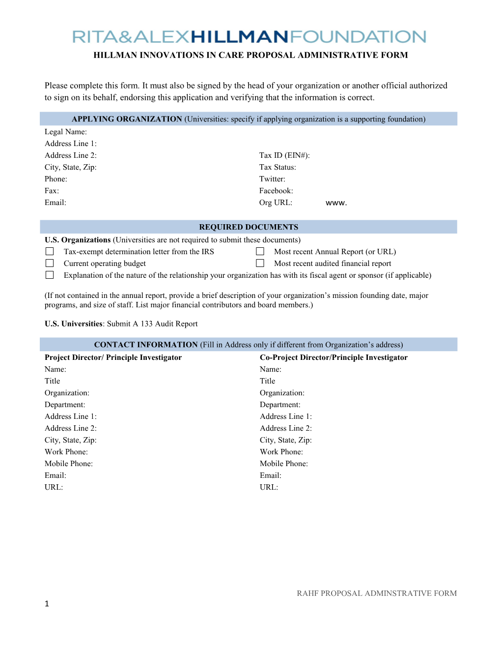 Rahf Proposal Adminstrative Form