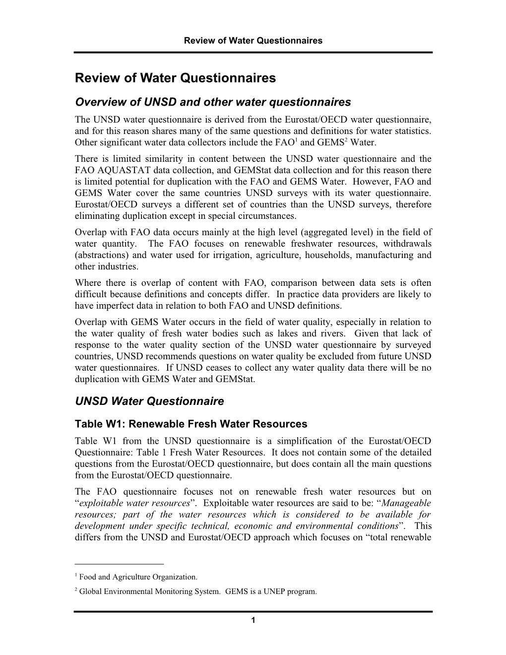 Overview of UNSD and Other Water Questionnaires