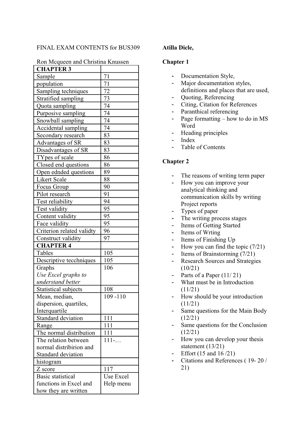 FINAL EXAM CONTENTS for BUS309