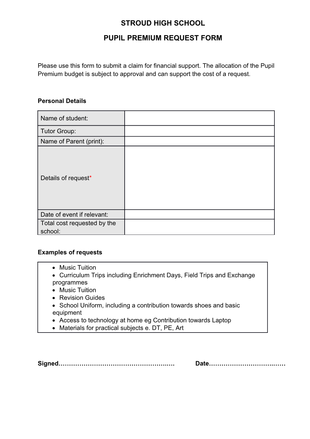Pupil Premium Request Form