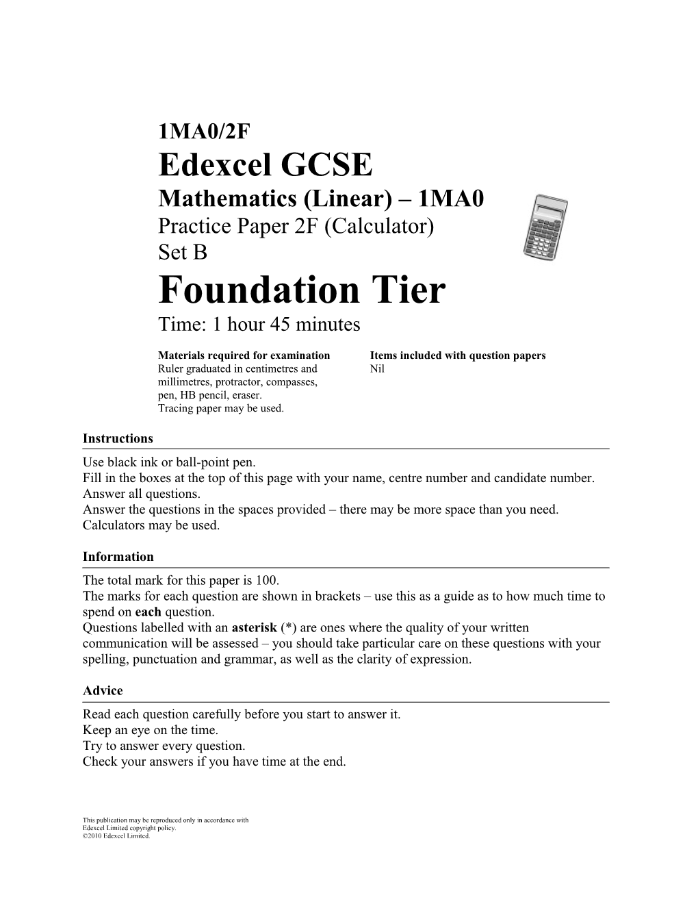 Materials Required for Examination Items Included with Question Papers