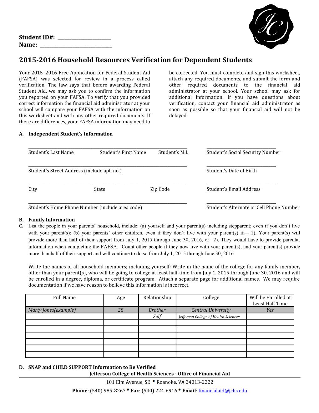 2015-2016 Household Resources Verification for Dependent Students