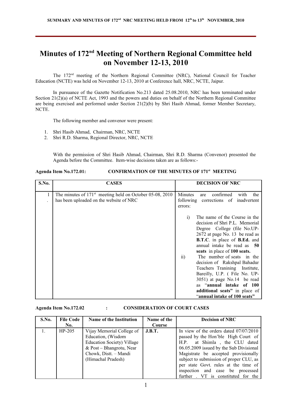 Minutes of 172Nd Meeting of Northern Regional Committee Held on November 12-13, 2010