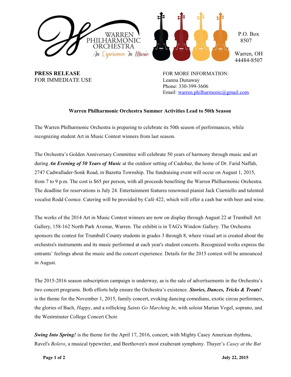 WPO Press Release: Warren Philharmonic Orchestra Summer Activities Lead to 50Th Season