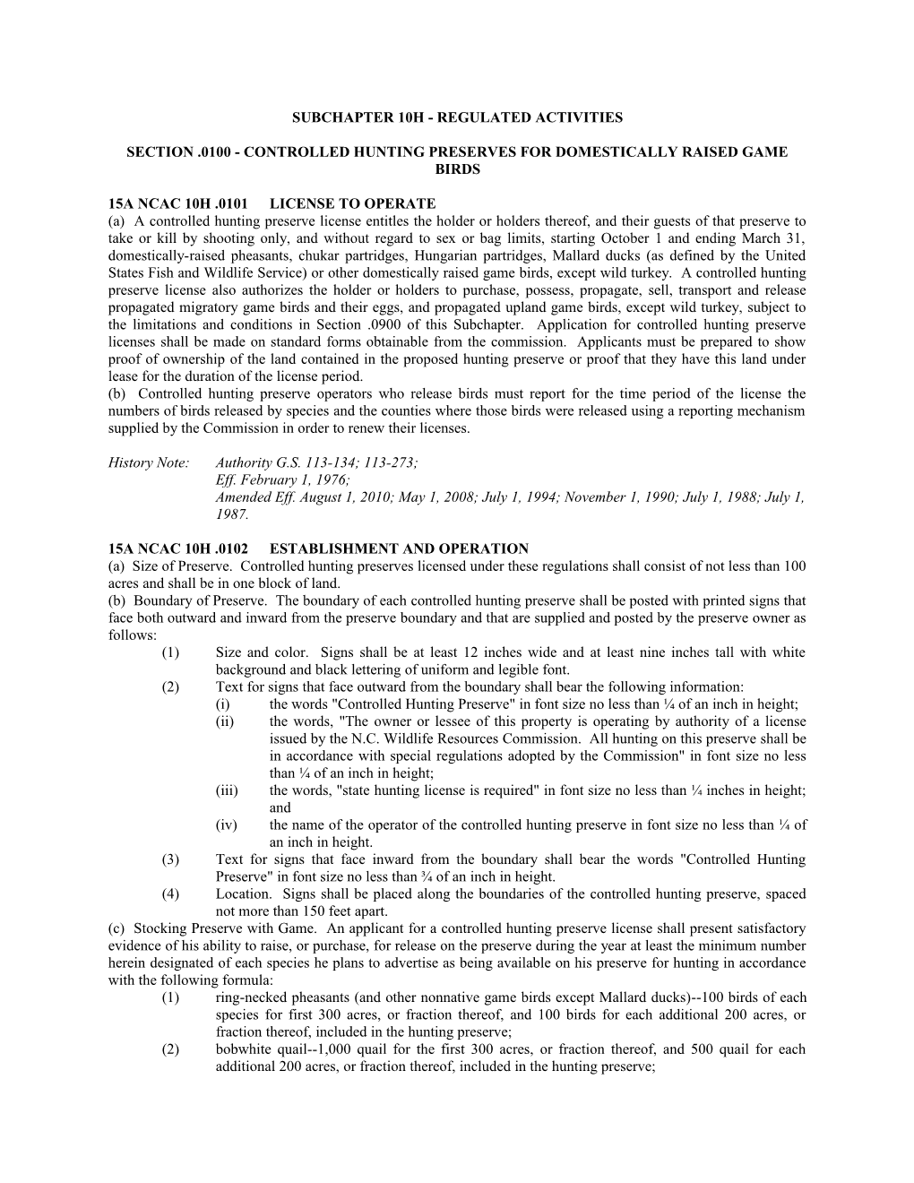 Section .0100 Controlled Hunting Preserves for Domestically Raised Game Birds