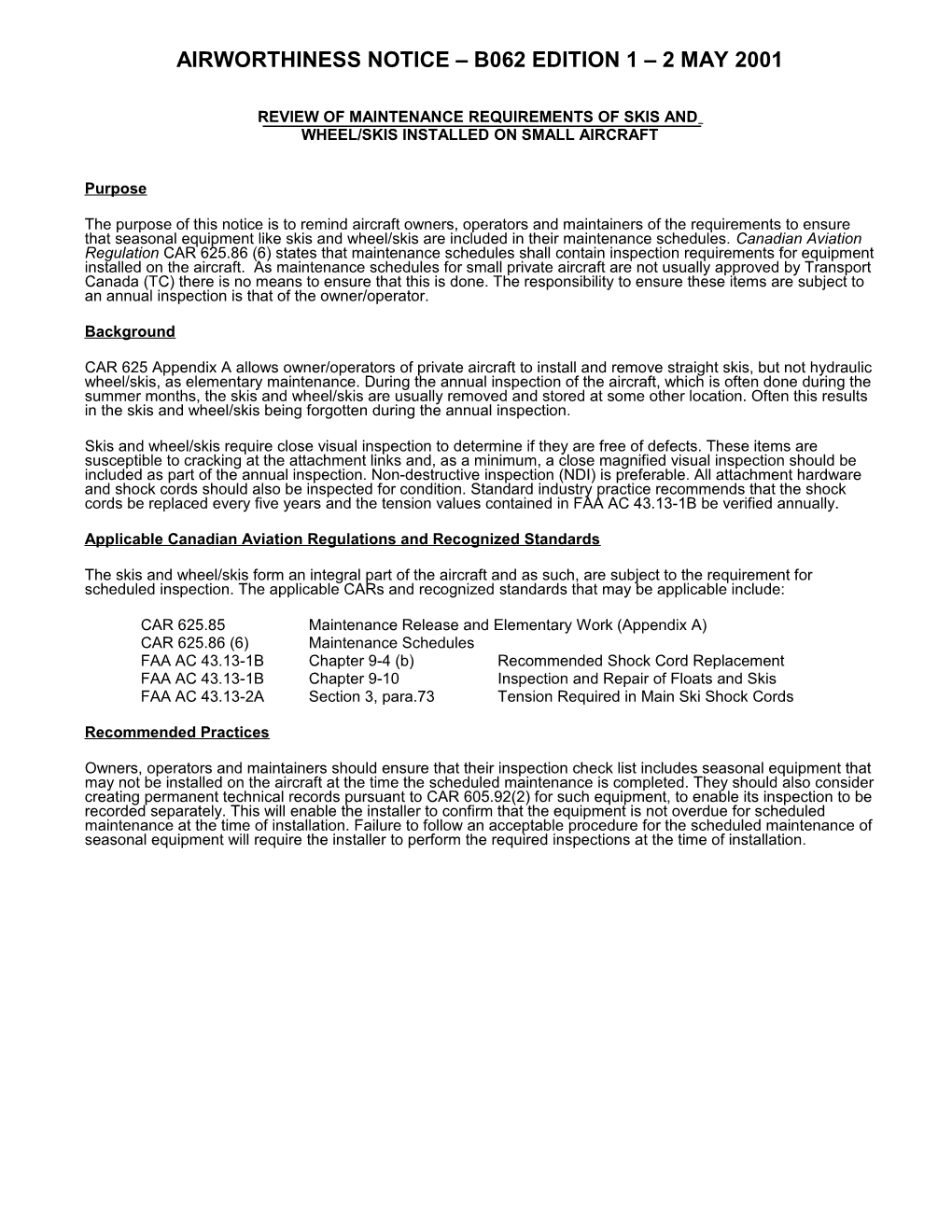 Airworthiness Notice B062 Edition 1 2 May 2001