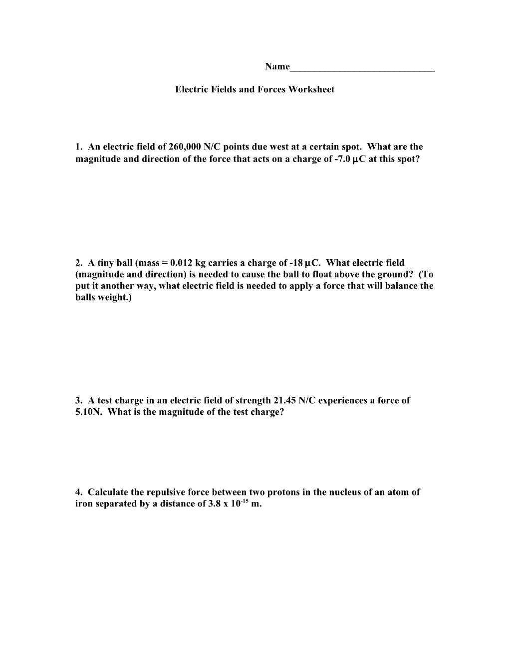 Coulomb S Law / Electric Fields Worksheet