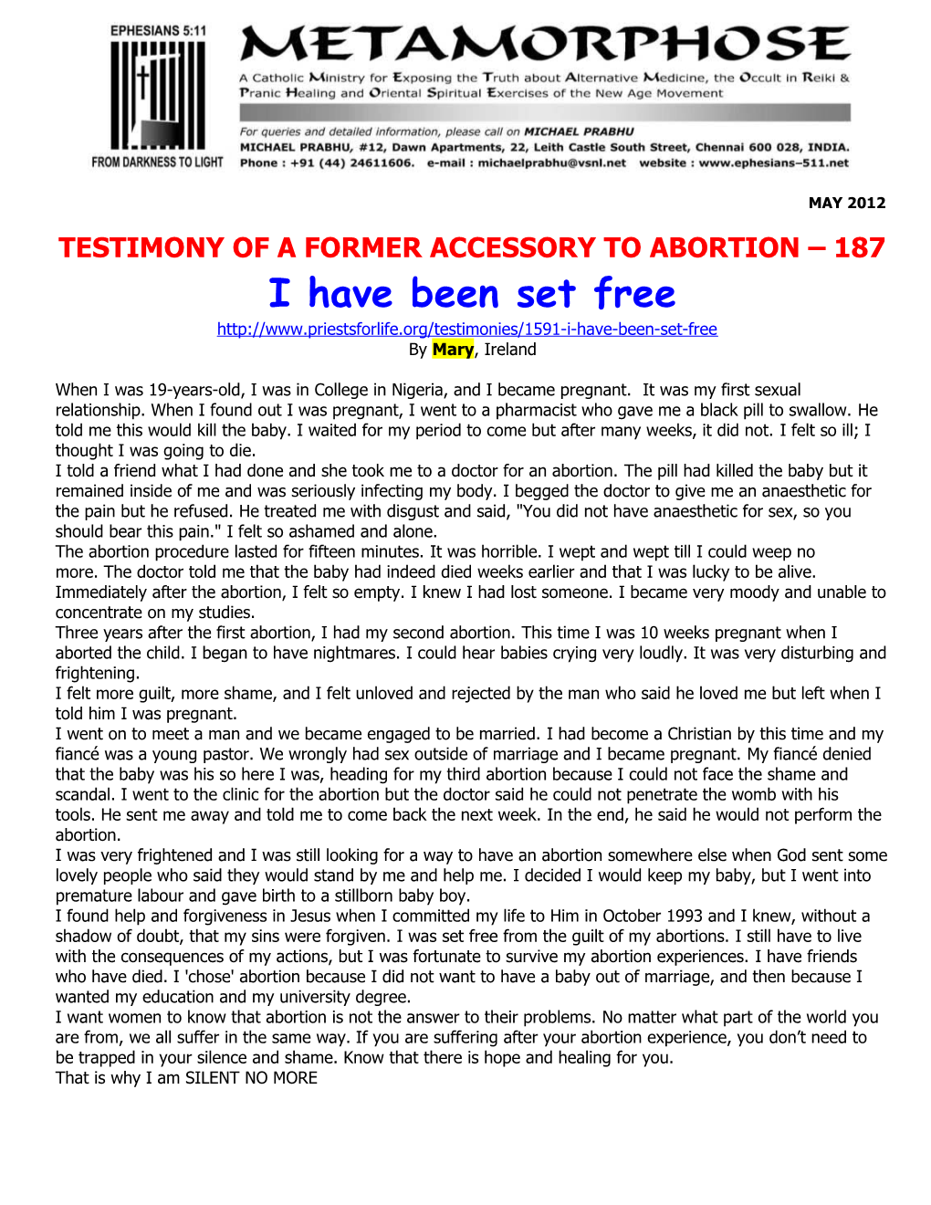 Testimony of a Formeraccessory to Abortion 187