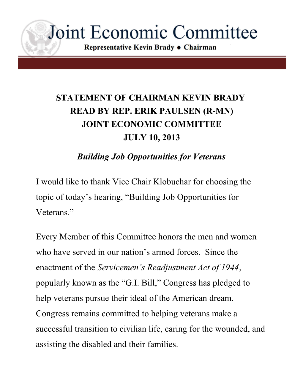 Statement of Chairman Kevin Brady