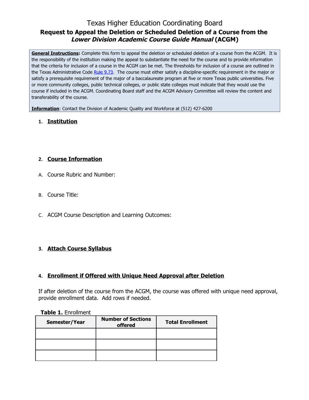 Request to Appeal the Deletion of a Course from the ACGM