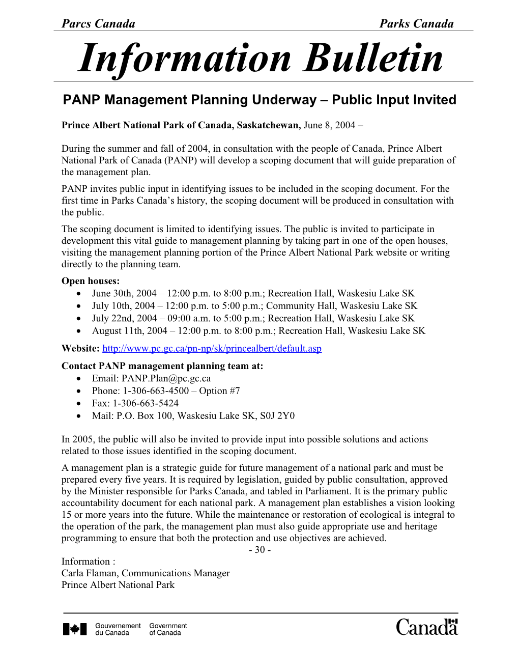 PANP Management Planning Underway Public Input Invited