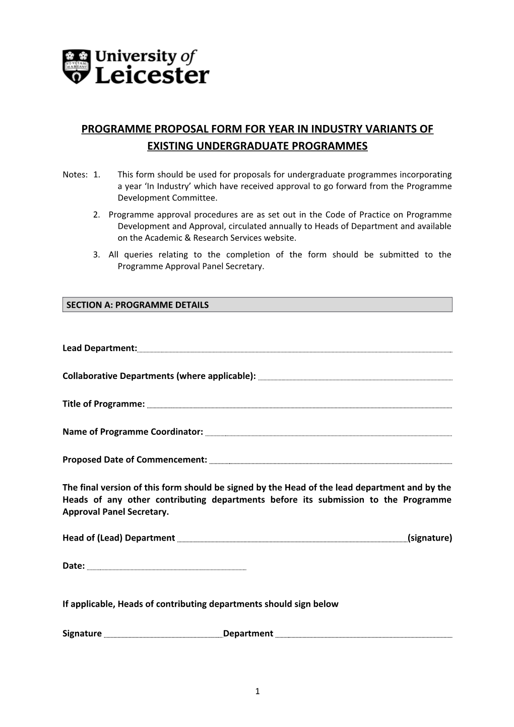 Programme Proposal Form for Year in Industry Variants of Existing Undergraduate Programmes
