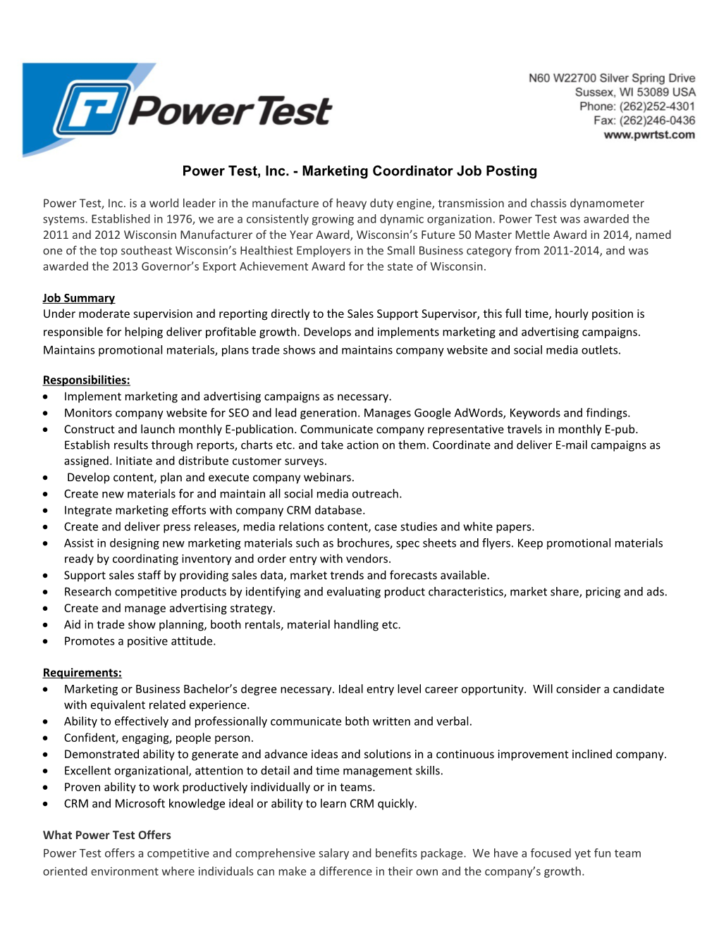 Power Test, Inc. Is a World Leader in the Manufacture of Heavy Duty Engine, Transmission