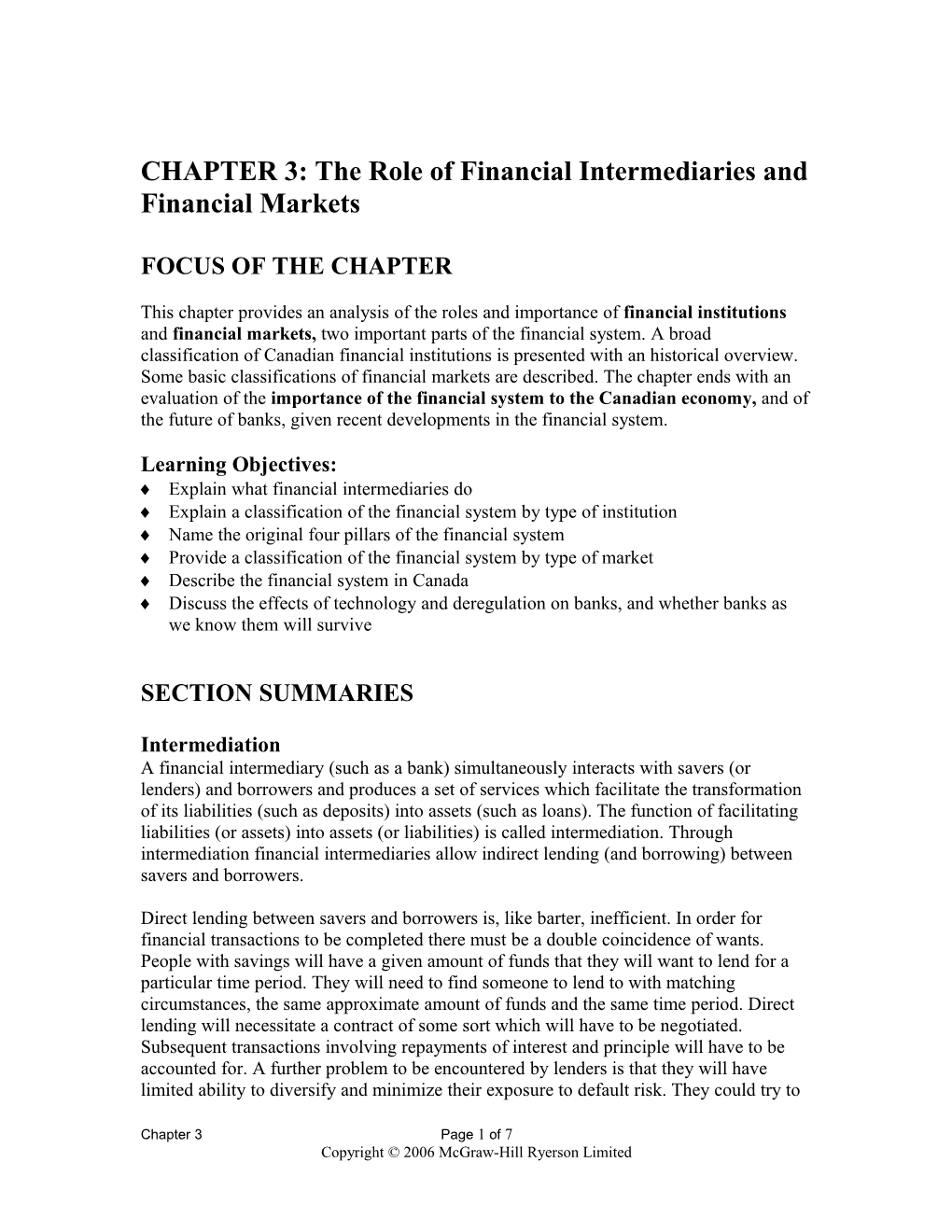 CHAPTER 3: the Role of Financial Intermediaries and Financial Markets