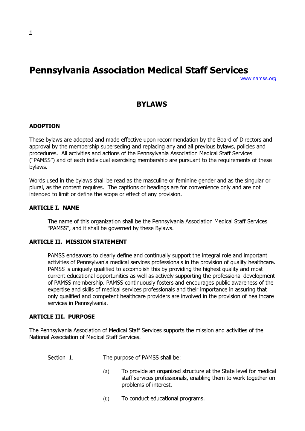 Bylaws of the Pennsylvania Association Medical Staff Services