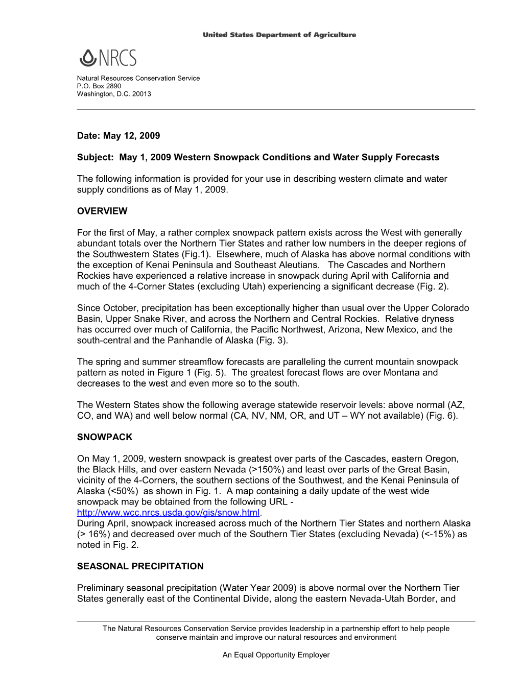 May, 2009 Water Supply Forecast Summary