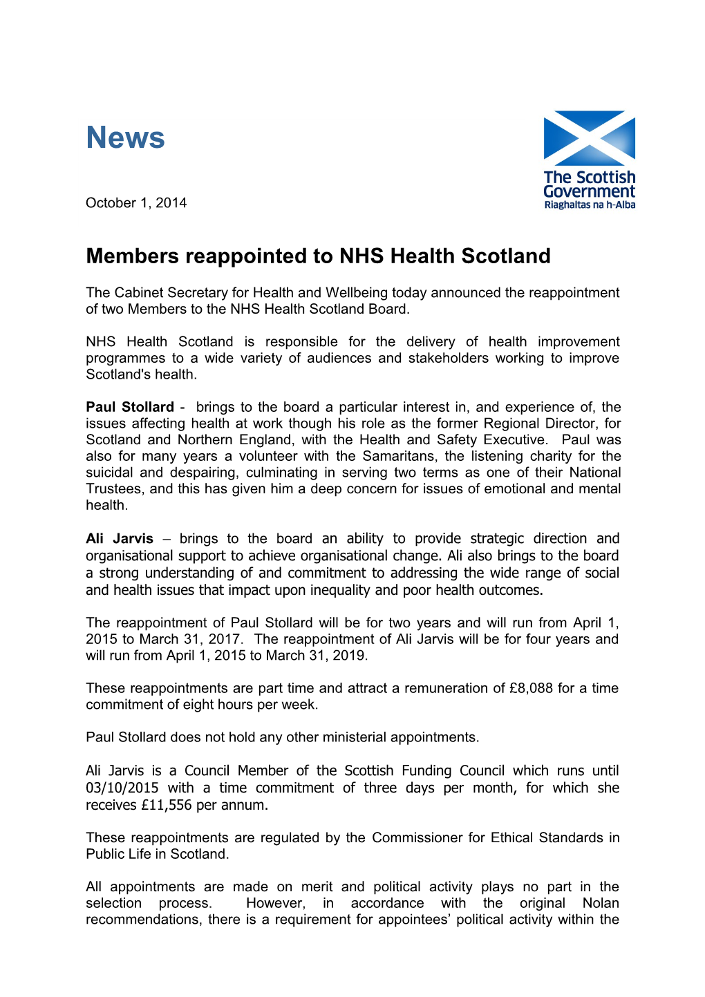 Members Reappointed to NHS Health Scotland