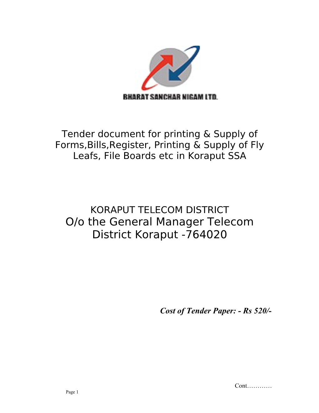 O/O the General Manager Telecom District Koraput -764020