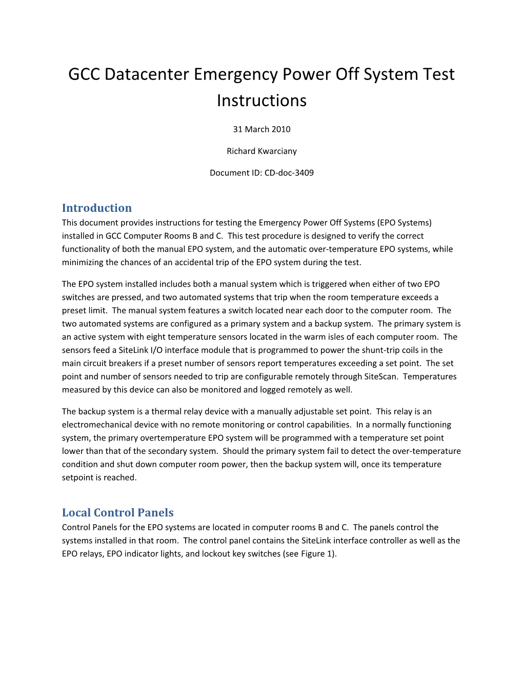 GCC Datacenter Emergency Power Off System Test Instructions