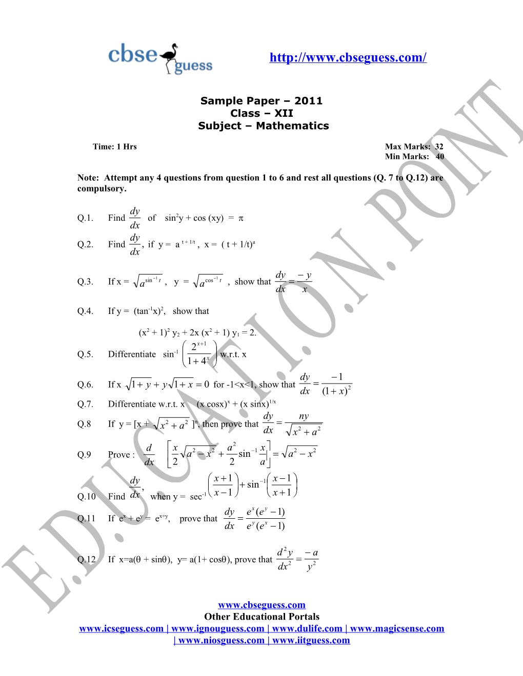 Sample Paper 2011 Class XII Subject Mathematics