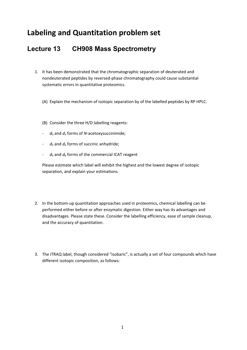 Labeling and Quantitation Problem Set