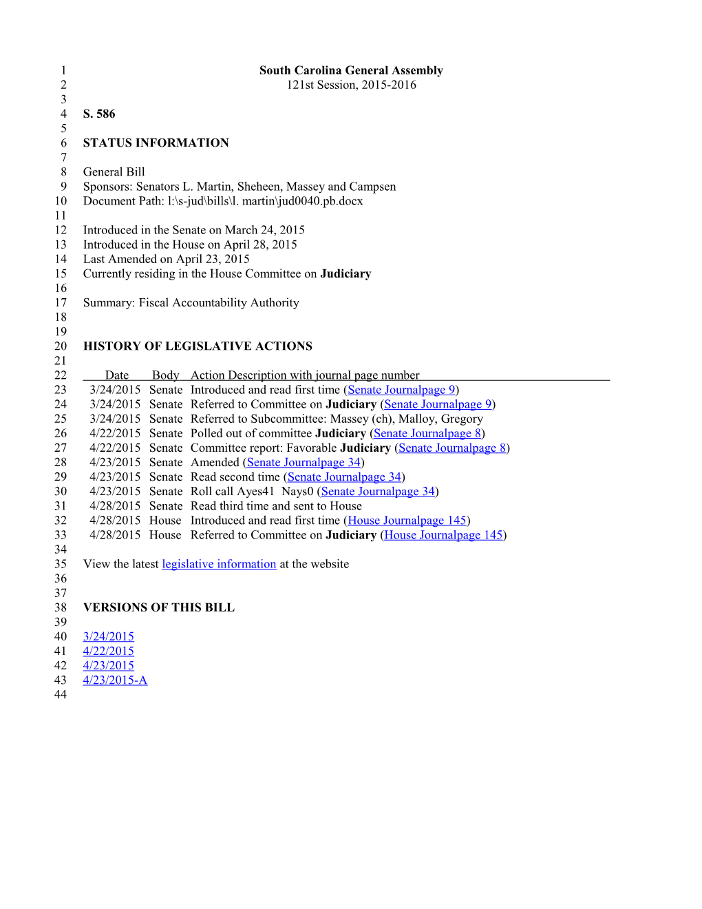 2015-2016 Bill 586: Fiscal Accountability Authority - South Carolina Legislature Online