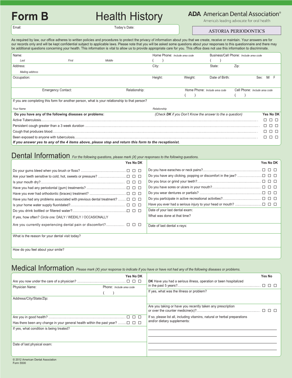 Form B Health History