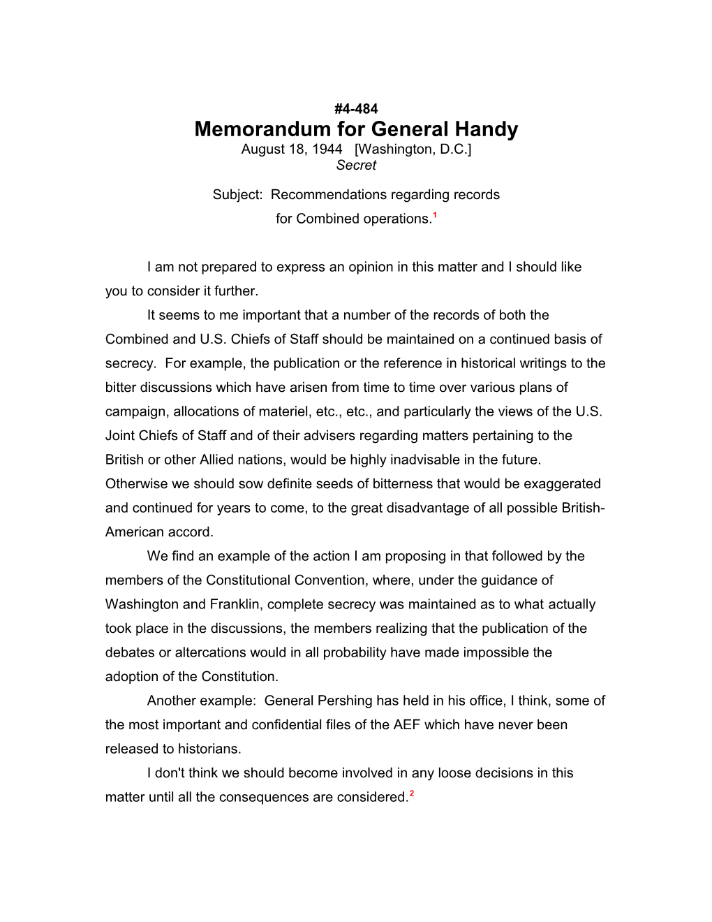 Memorandum for General Handy