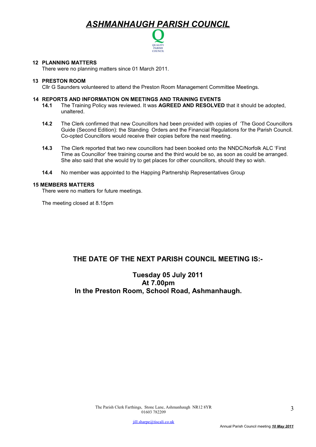 Minutes of the Ashmanhaugh Parish Council