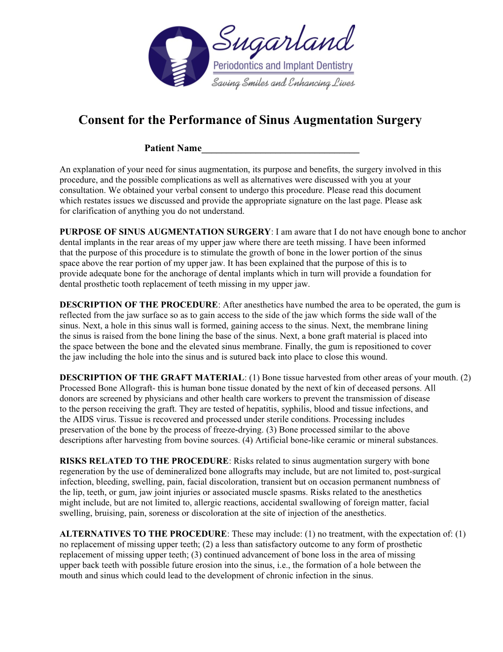 Consent for the Performance of Sinus Augmentation Surgery