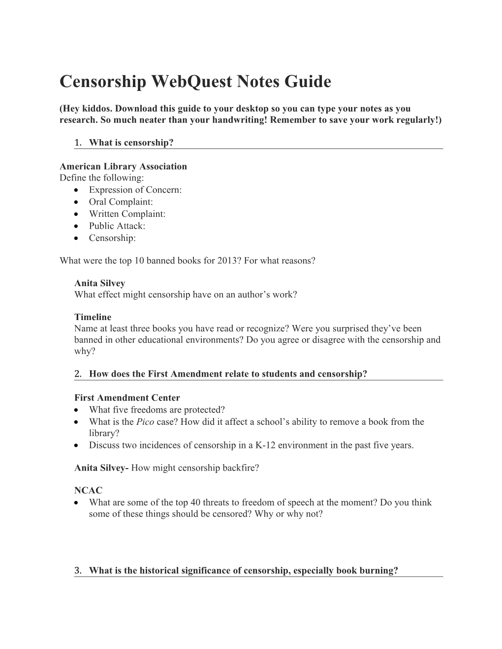 Censorship Webquest Notes Guide