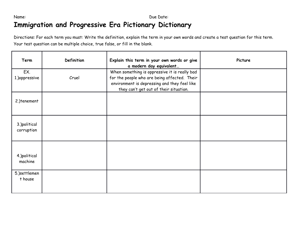 Immigration and Progressive Era Pictionary Dictionary