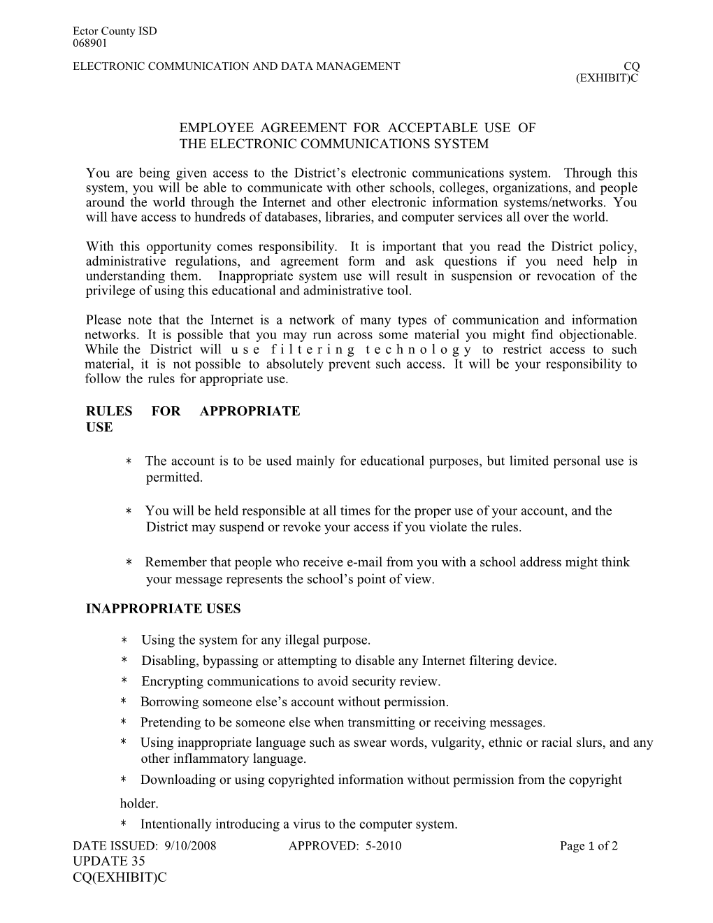 Employee Agreement for Acceptable Use of the Electronic Communications System