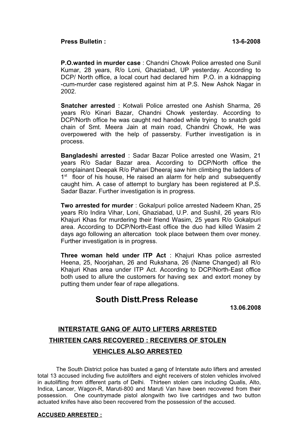 Press Bulletin : 13-6-2008