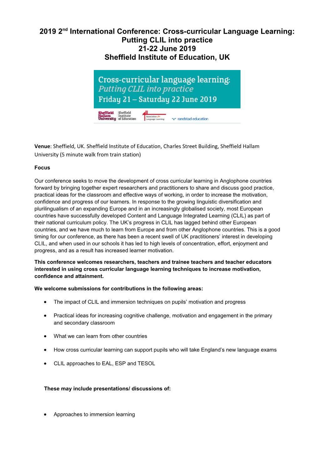 20192Ndinternational Conference: Cross-Curricular Language Learning: Putting CLIL Into