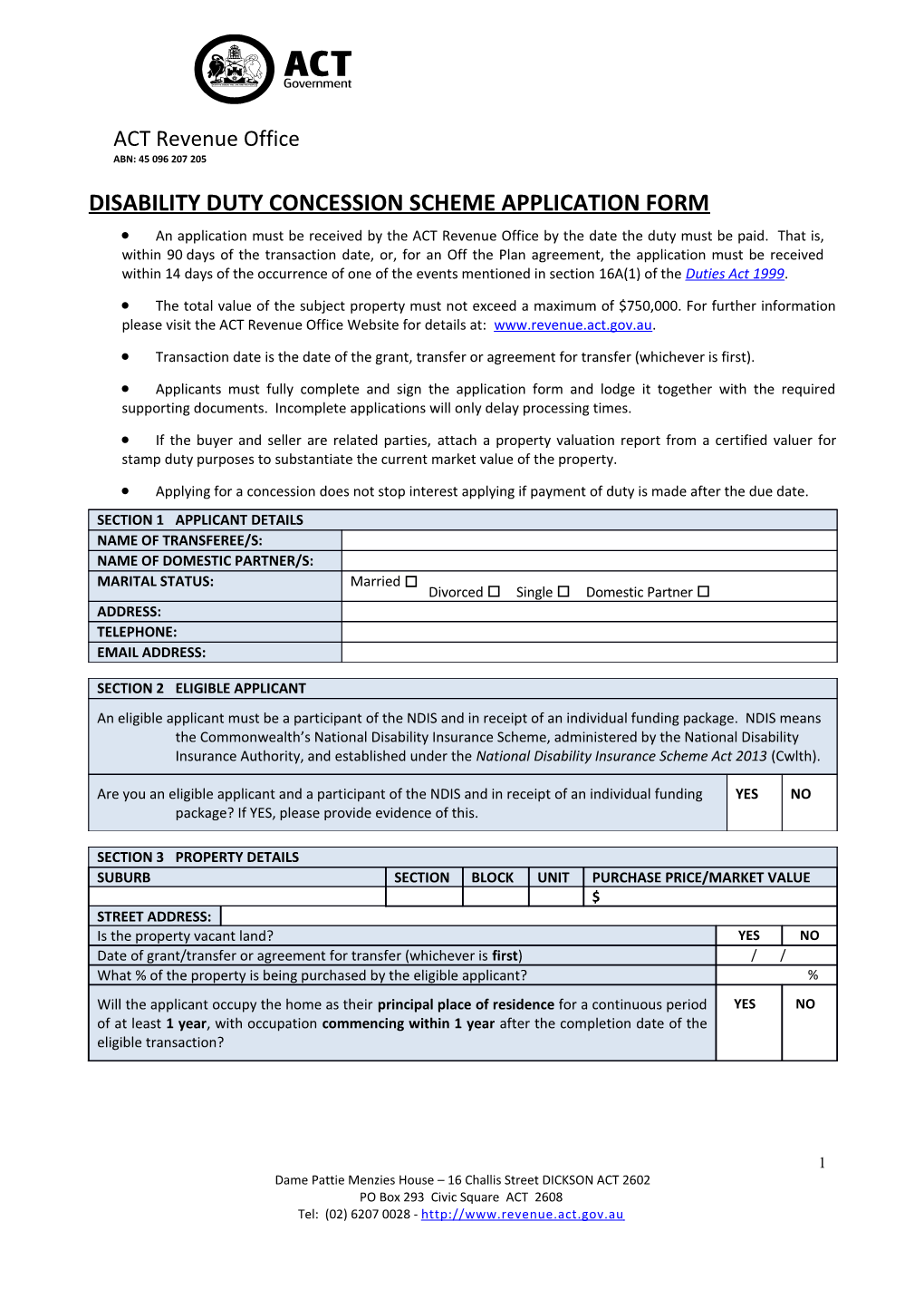 Disability Duty Concession Scheme Application Form