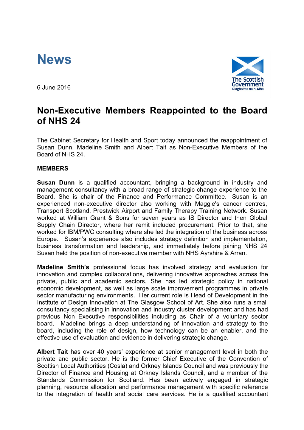 Non-Executive Members Reappointed to the Board of NHS 24
