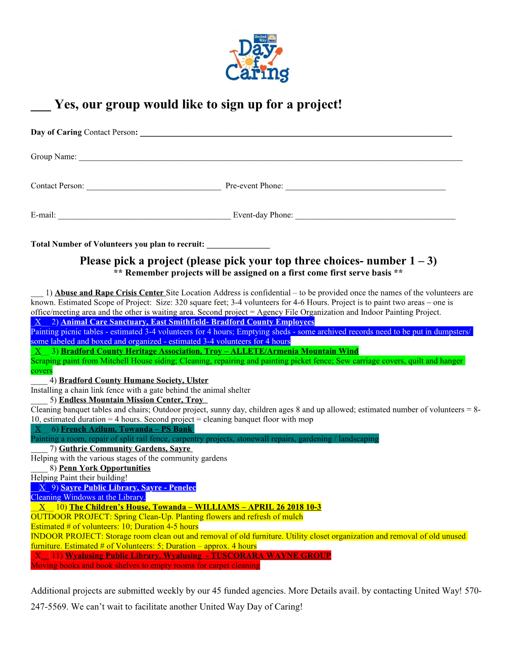 ___ Yes, Our Group Would Like to Sign up for a Project!