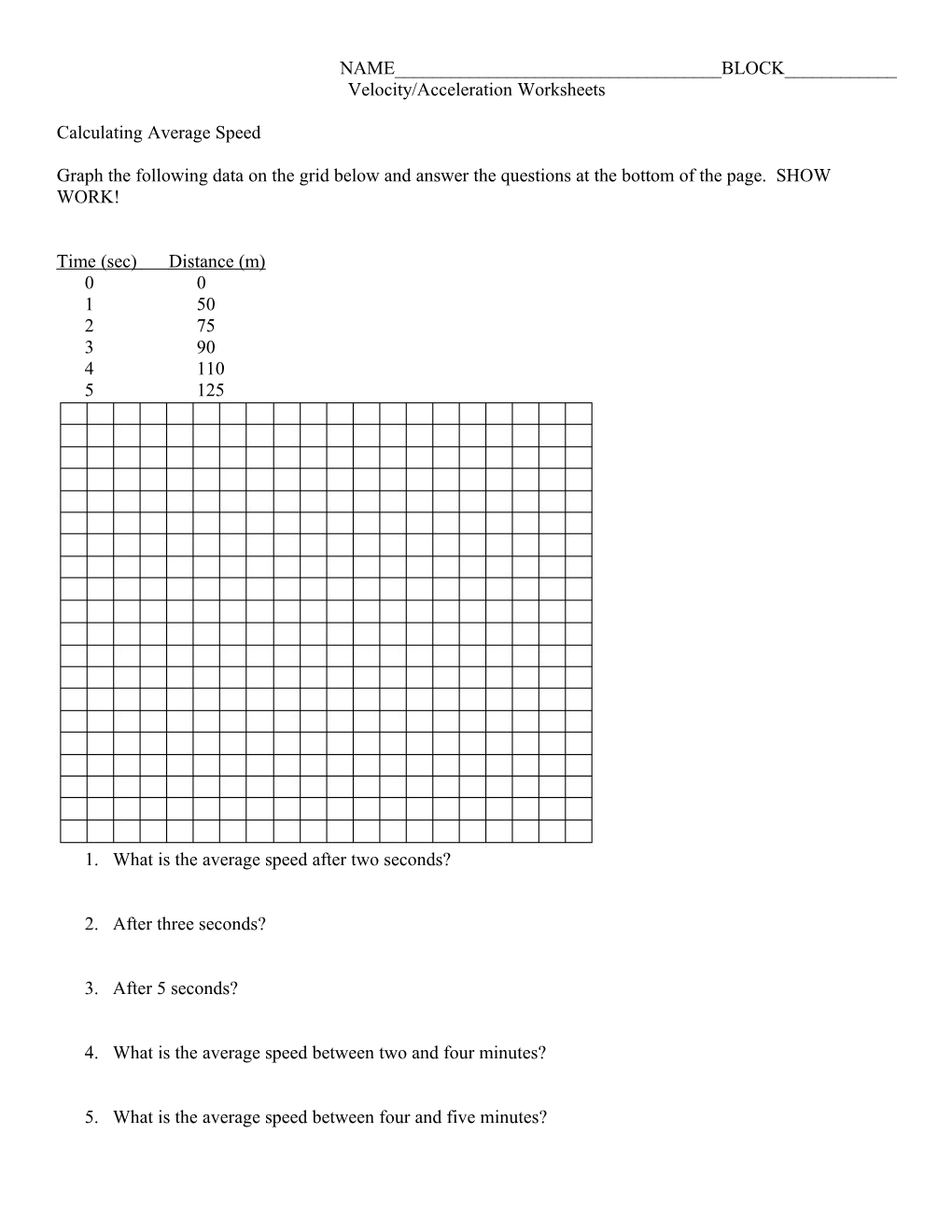 Velocity/Acceleration Worksheets s1