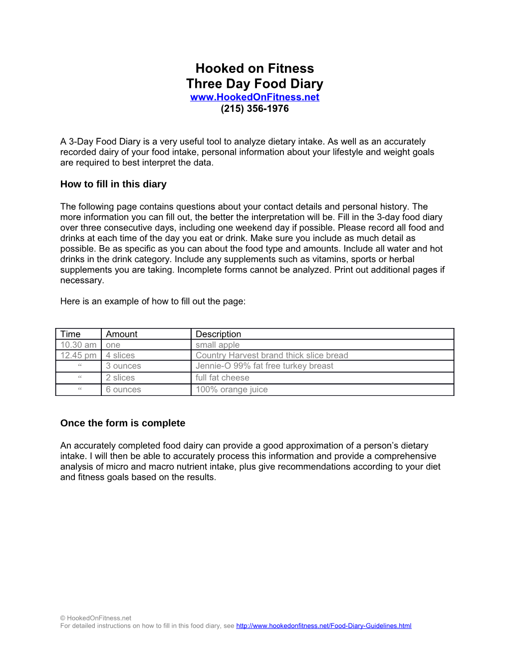 Three Day Food Diary