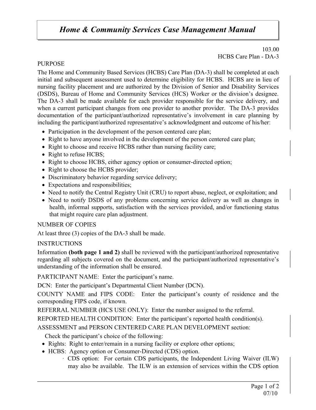 HCBS Care Plan - DA-3