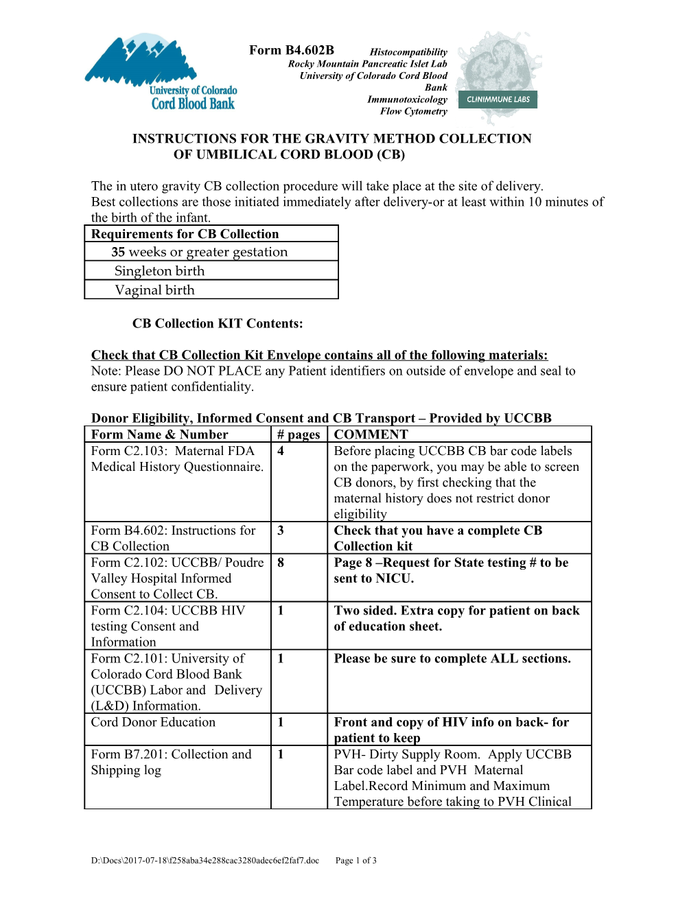 Instructions For The Collection Of Umbilical Cord Blood